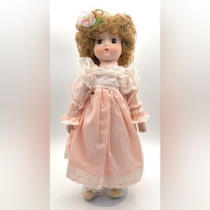 Vintage Brinn’s Collectors Doll 1980's 16" PORCELAIN GIRL IN PINK DRESS DOLL